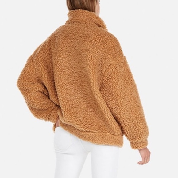 Express Camel Cozy Teddy Jacket Brown Tan Sherpa  Fleece Oversized Zip Size XS - Picture 14 of 14